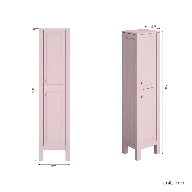 Bermuda Cashmere Pink Floor Standing Tall Cabinet 1500x350mm - Brushed Brass Accents