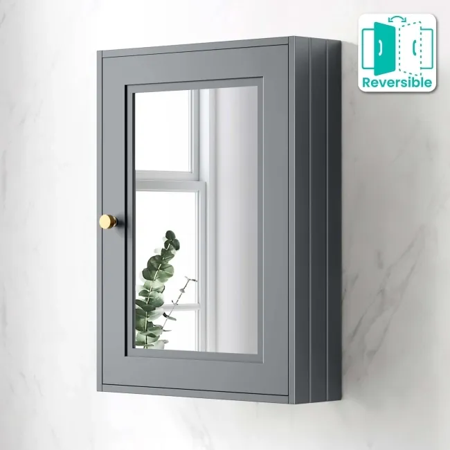 Dove Grey Mirror Cabinet 700x500mm - Brushed Brass Accents