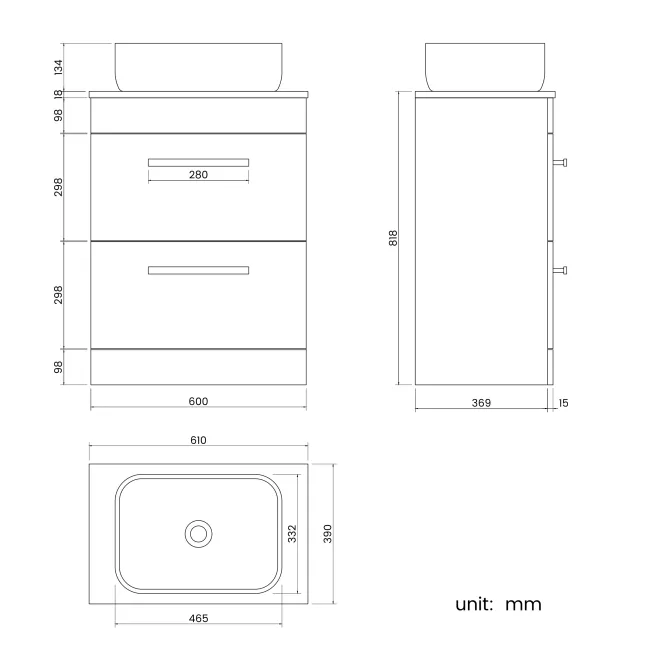 Avon Gloss White Vanity Drawer with Curved Counter Top Basin 600mm