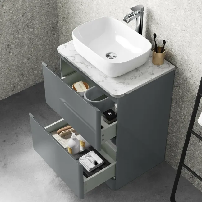 Corsica Storm Grey Vanity Drawer with Marble Top & Curved Counter Top Basin 600mm