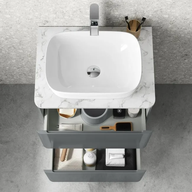 Corsica Storm Grey Vanity Drawer with Marble Top & Curved Counter Top Basin 600mm