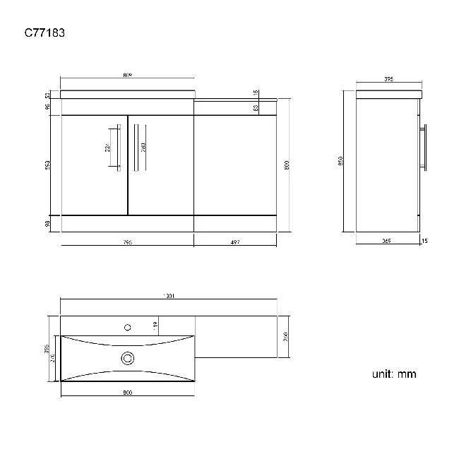 Avon Stone Grey Basin Vanity and Back To Wall Unit 1300mm
