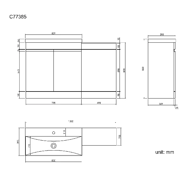 Trent Stone Grey Basin Vanity and Back To Wall Unit 1300mm