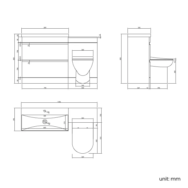 Trent Stone Grey Combination Basin Drawer and Aruba Toilet 1300mm
