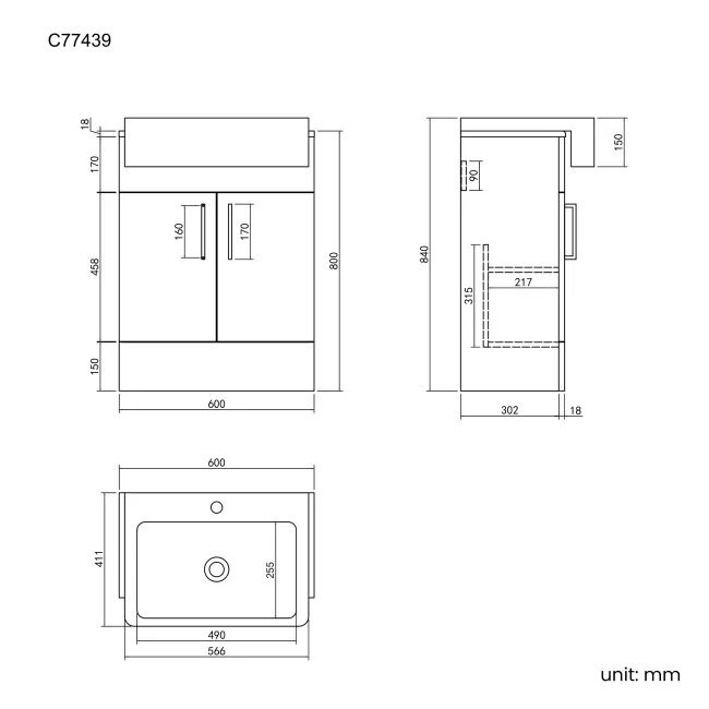 Harper Charcoal Elm Vanity with Semi Recessed Basin 600mm