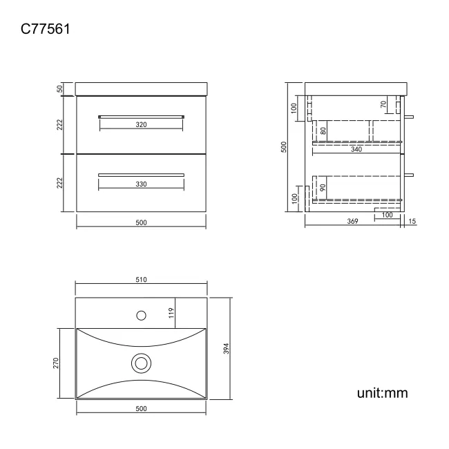 Elba Graphite Grey Wall Hung Basin Drawer Vanity 500mm - Black Accents