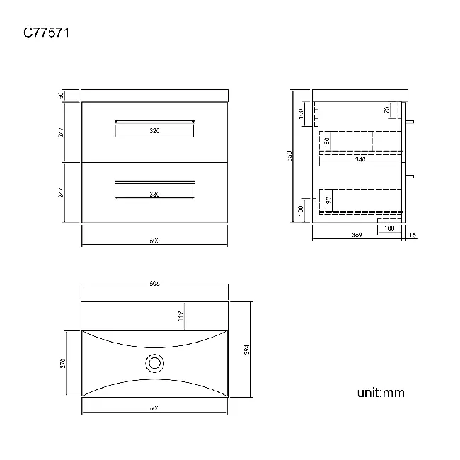Elba Charcoal Elm Wall Hung Basin Drawer Vanity 600mm - Black Accents