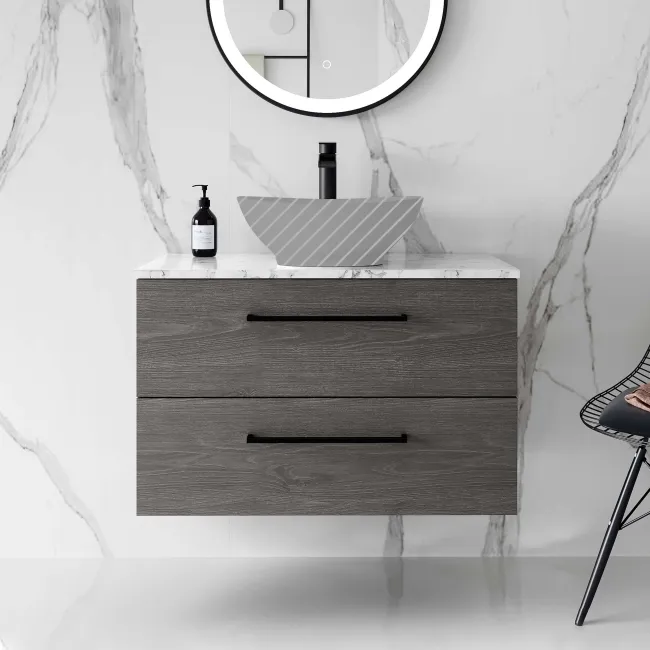 Elba Charcoal Elm Wall Hung Drawer 800mm Excludes Counter Top Basin - Black Accents