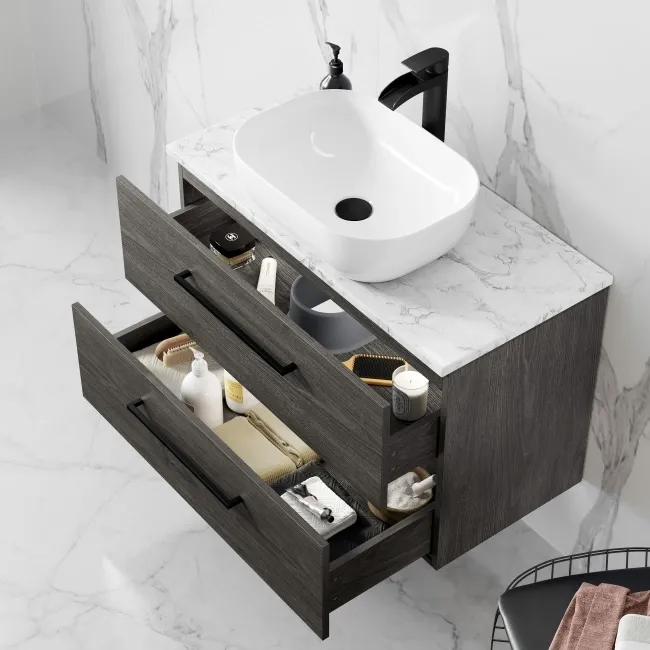 Elba Charcoal Elm Wall Hung Drawer Vanity with Marble Top & Curved Counter Top Basin 800mm - Black Accents