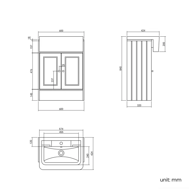 Monaco Dove Grey Traditional Basin Vanity 600mm