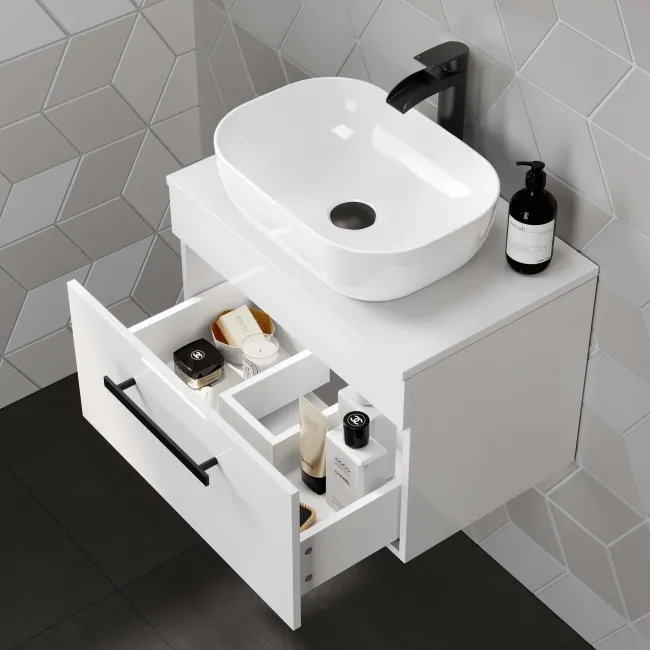 Avon Gloss White Wall Hung Drawer Vanity with Curved Counter Top Basin 600mm - Black Accents