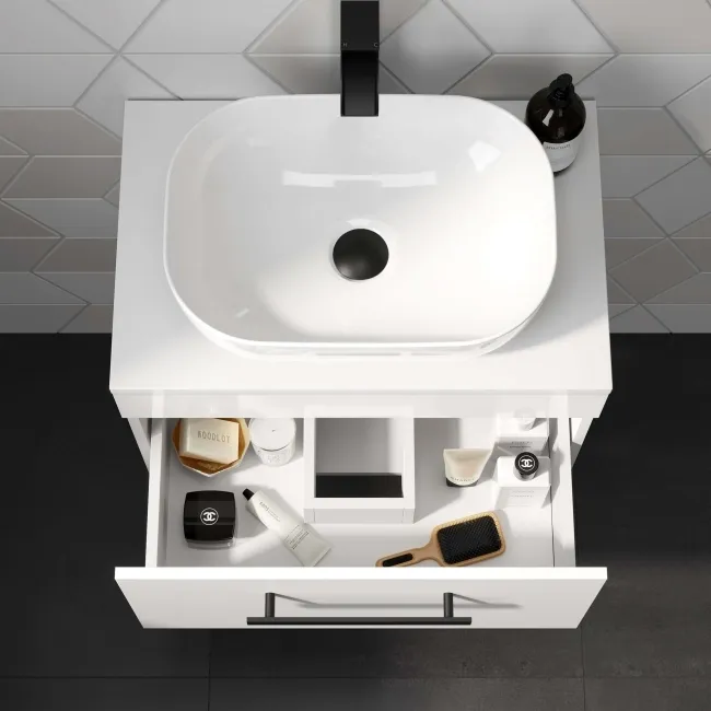 Avon Gloss White Wall Hung Drawer Vanity with Curved Counter Top Basin 600mm - Black Accents