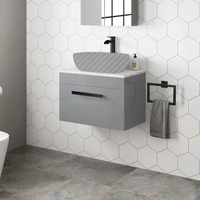 Avon Stone Grey Wall Hung Counter Top Vanity with Marble Top 600mm - Black Accents