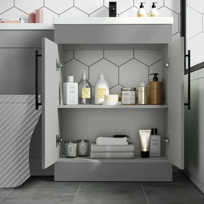 Avon Stone Grey Basin Vanity and Back To Wall Unit 1100mm - Black Accents - Right Handed