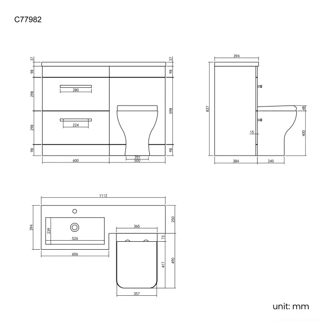 Avon Stone Grey Combination Basin Drawer and Atlanta Toilet 1100mm - Black Accents - Left Handed