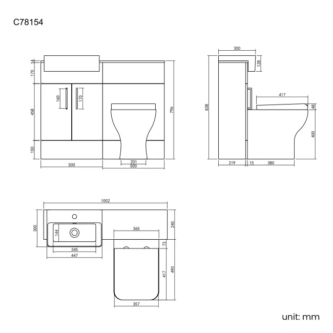 Harper Charcoal Elm Combination Vanity Basin with Marble Top & Atlanta Toilet 1000mm - Black Accents