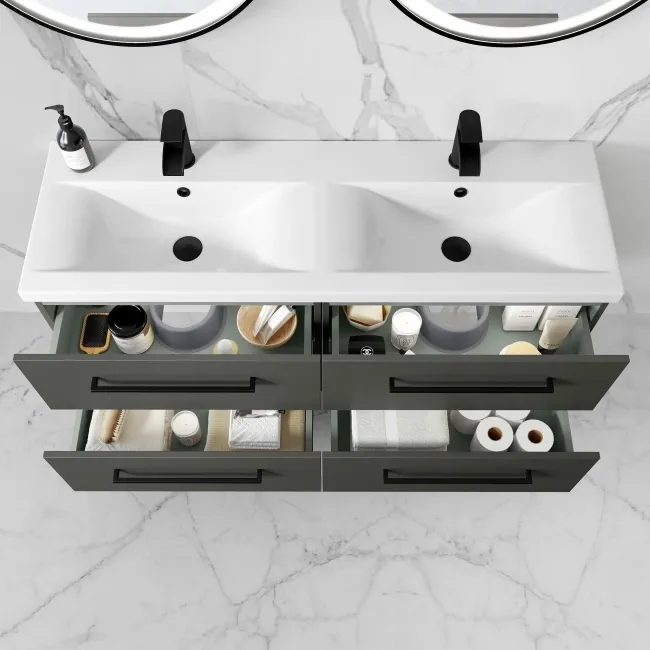 Elba Graphite Grey Wall Hung Double Basin Drawer Vanity 1200mm - Black Accents