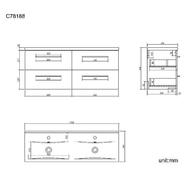 Elba Graphite Grey Wall Hung Double Basin Drawer Vanity 1200mm - Black Accents