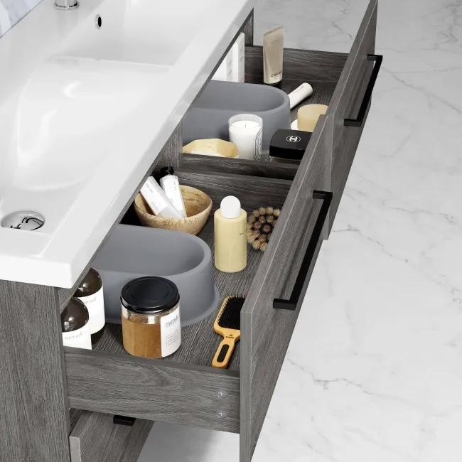 Elba Charcoal Elm Wall Hung Double Basin Drawer Vanity 1200mm - Black Accents