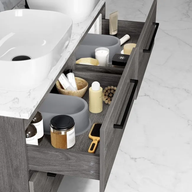 Elba Charcoal Elm Double Wall Hung Drawer Vanity with Marble Top & Curved Counter Top Basin 1200mm - Black Accents