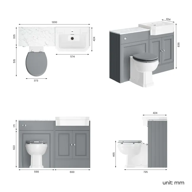 Monaco Dove Grey Combination Vanity Traditional Basin with Marble Top & Hudson Toilet with Wooden Seat 1200mm