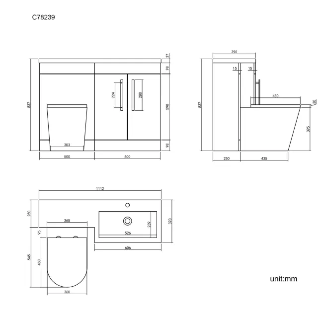Avon Stone Grey Combination Vanity Basin and Boston Toilet 1100mm - Right Handed