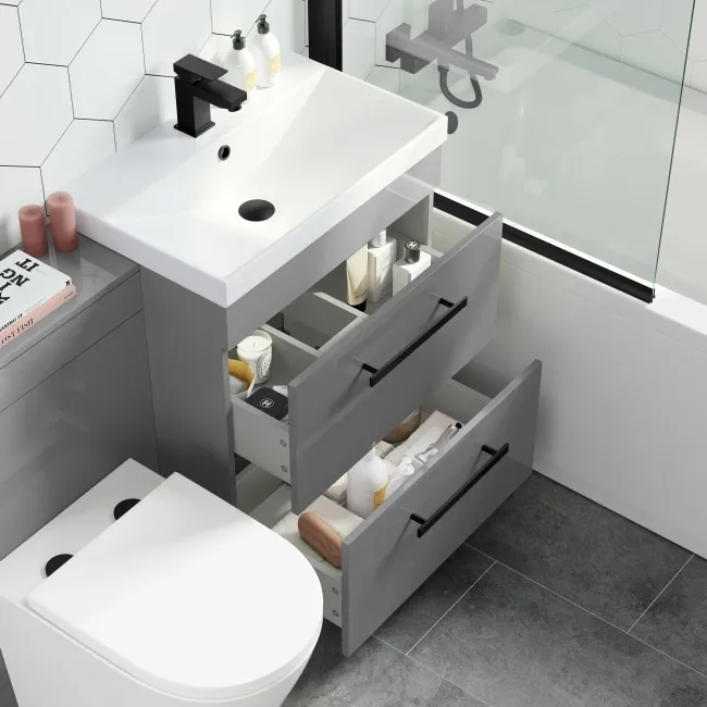 Avon Stone Grey Combination Basin Drawer and Boston Toilet 1100mm - Black Accents