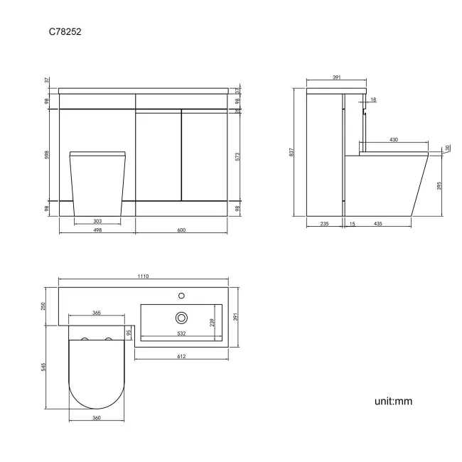 Trent Gloss White Combination Vanity Basin and Boston Toilet 1100mm - Right Handed
