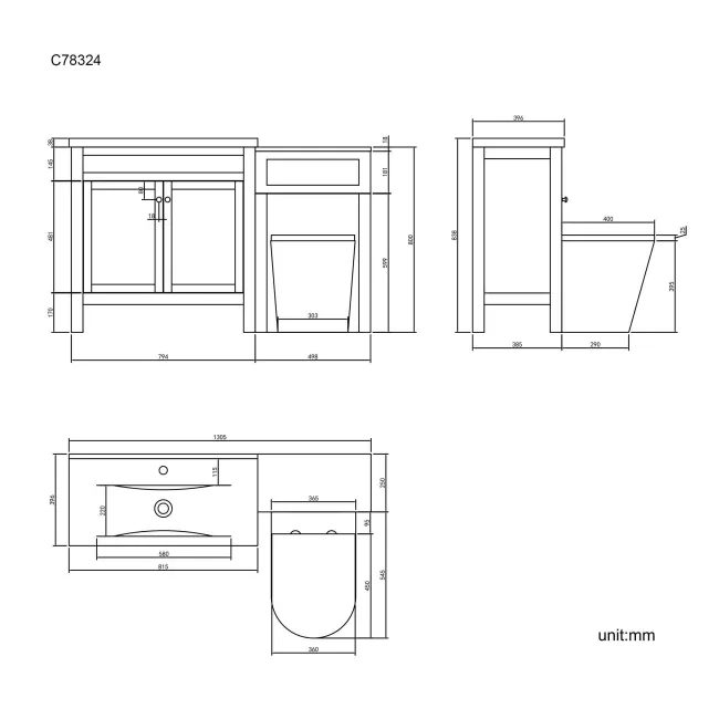 Bermuda Graphite Grey Combination Vanity Basin and Boston Toilet 1300mm