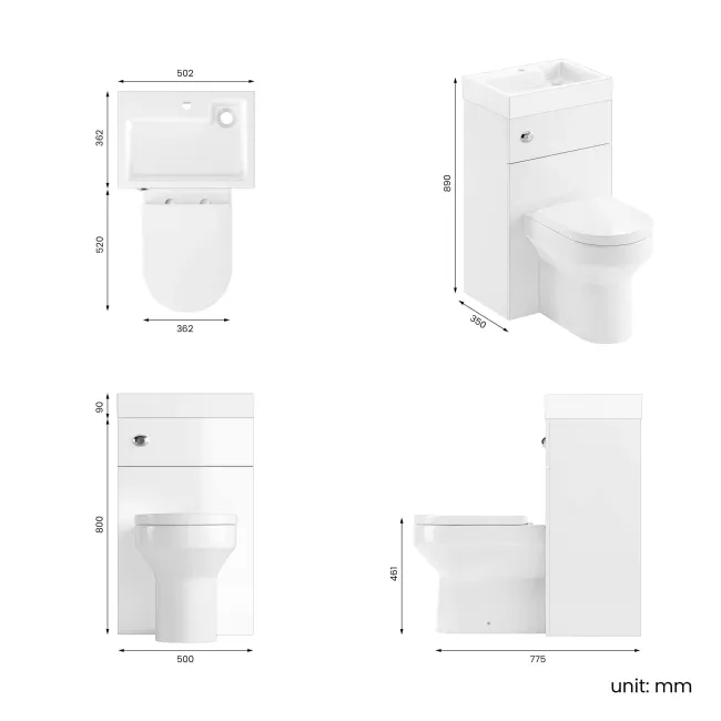 Ohio Gloss White 2-In-1 Combined Wash Basin & Denver Toilet 500mm