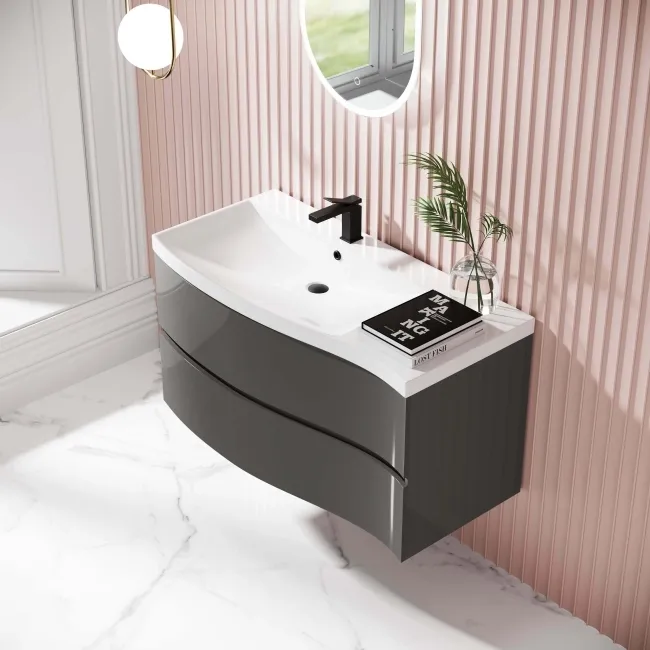 Bali Tungsten Grey Wall Hung Basin Drawer Vanity 1000mm - Left Handed