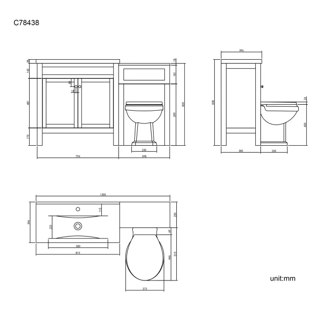 Bermuda Graphite Grey Combination Vanity Basin and Hudson Toilet with Wooden Seat 1300mm