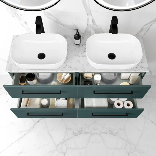 Elba Midnight Green Double Wall Hung Drawer Vanity with Marble Top & Curved Basin 1200mm - Black Accents