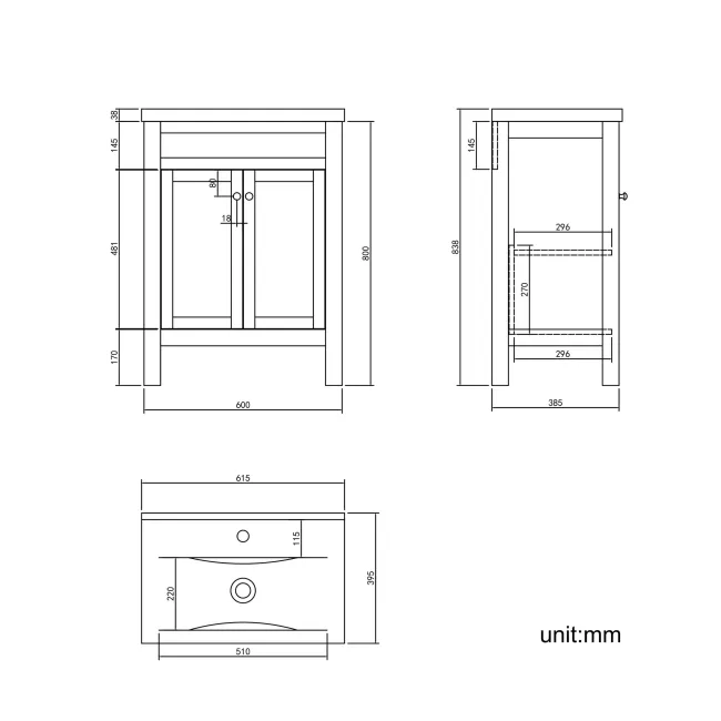 Bermuda Dove Grey Basin Vanity 600mm - Brushed Brass Accents
