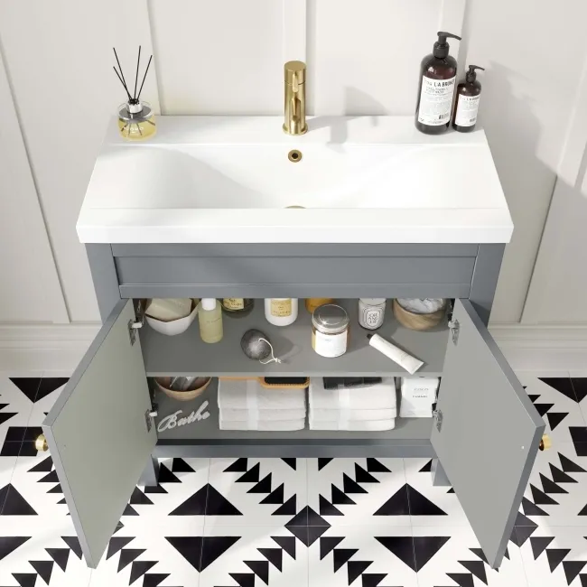 Bermuda Dove Grey Basin Vanity 800mm - Brushed Brass Accents