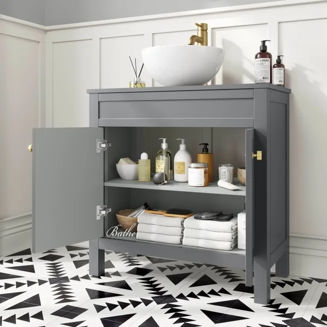 Bermuda Dove Grey Vanity with Round Counter Top Basin 800mm - Brushed Brass Accents