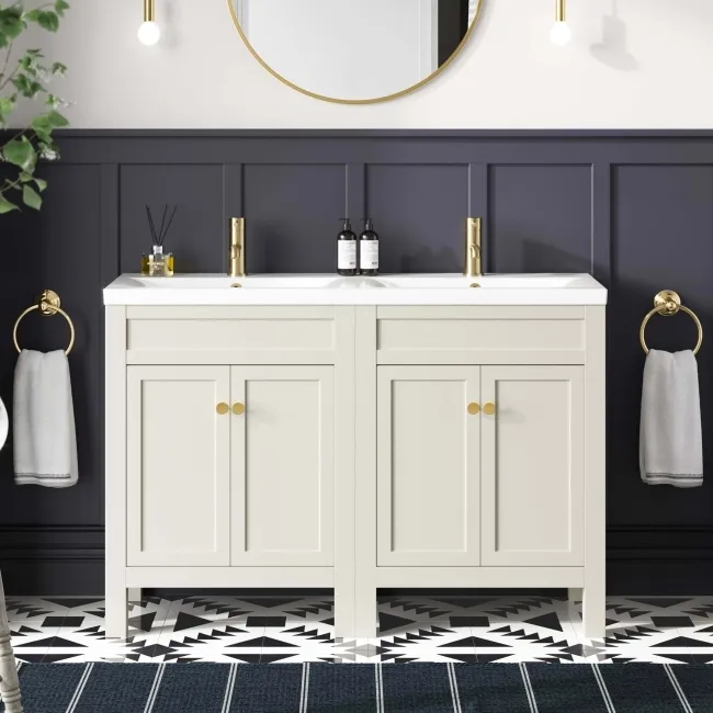 Bermuda Chalk White Double Basin Vanity 1200mm - Brushed Brass Accents