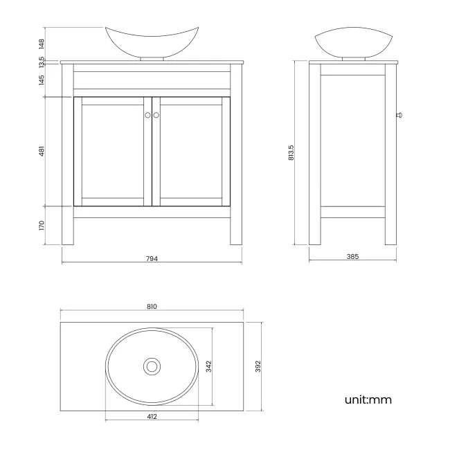 Bermuda Chalk White Vanity with Marble Top & Oval Counter Top Basin 800mm - Brushed Brass Accents