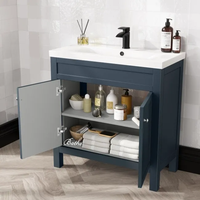 Bermuda Inky Blue Combination Vanity Basin and Hudson Toilet with Wooden Seat 1300mm