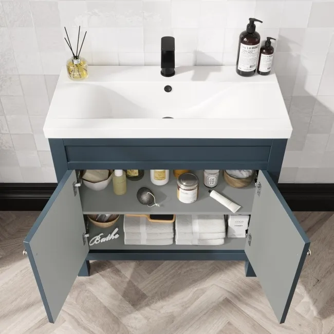 Bermuda Inky Blue Combination Vanity Basin and Hudson Toilet with Wooden Seat 1300mm