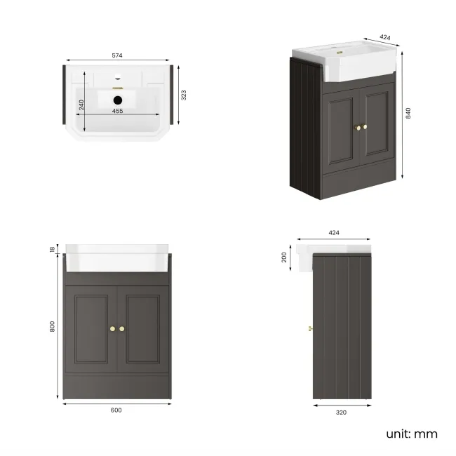 Monaco Graphite Grey Traditional Basin Vanity 600mm - Brushed Brass Accents