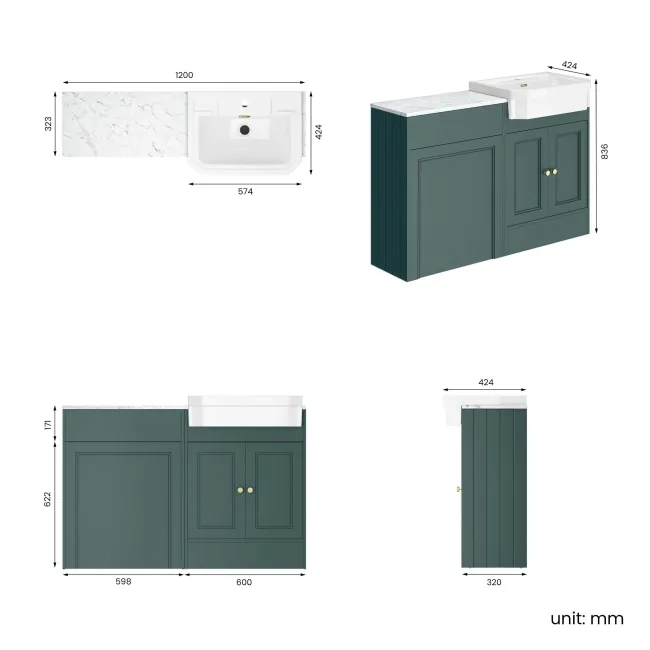 Monaco Midnight Green Combination Vanity Traditional Basin with Marble Top 1200mm (Excludes Pan & Cistern) - Brushed Brass Accents