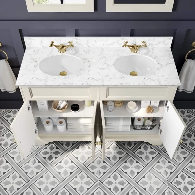 Lucia Chalk White Double Vanity with Marble Top & Undermount Basins 1200mm - Brushed Brass Accents
