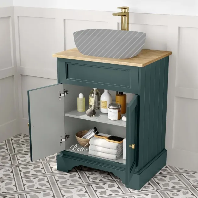 Lucia Midnight Green Cabinet with Oak Effect Top 640mm (Excludes Counter Top Basin) - Brushed Brass Accents