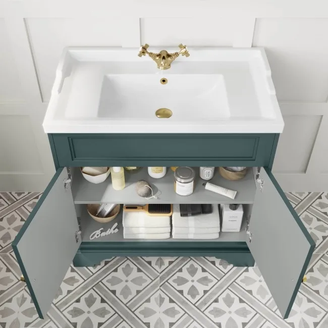 Lucia Midnight Green Basin Vanity 830mm - Brushed Brass Accents