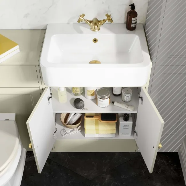 Monaco Chalk White Combination Vanity Basin and Hudson Toilet with Wooden Seat 1200mm - Brushed Brass Accents