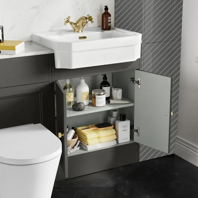 Monaco Graphite Grey Combination Vanity Traditional Basin with Marble Top & Boston Toilet 1200mm - Brushed Brass Accents