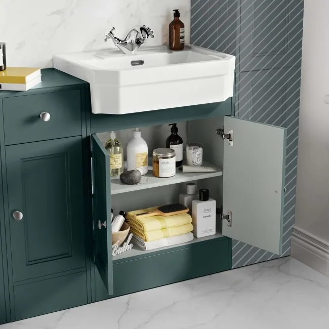 Monaco Midnight Green Combination Vanity Traditional Basin and Hudson Toilet with Wooden Seat 1500mm