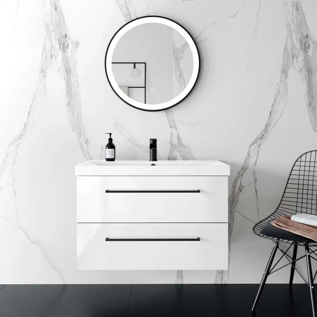 Elba Gloss White Wall Hung Basin Drawer Vanity 800mm - Black Accents