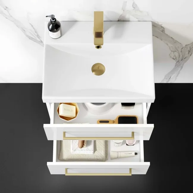 Elba Gloss White Wall Hung Basin Drawer Vanity 500mm - Brushed Brass Accents